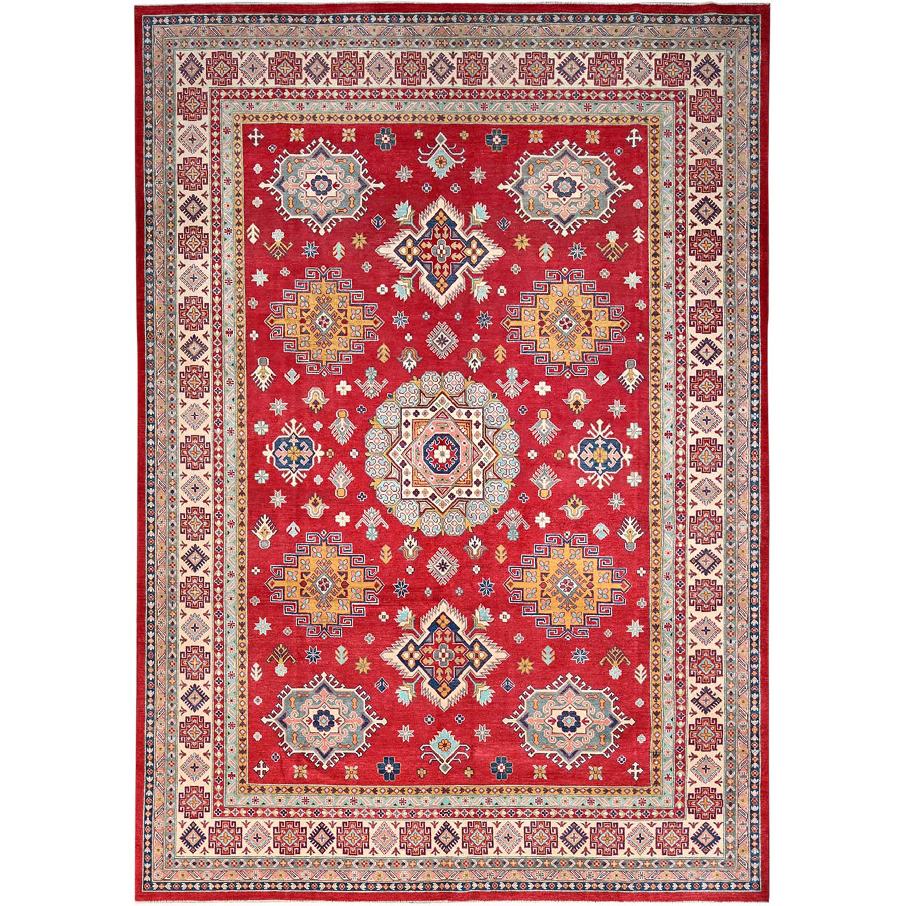 Imperial Red, Hand Knotted Densely Woven Kazak Design, Tribal Medallions, Luxurious Wool, Vegetable Dyes Oriental Rug